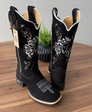 Texana Julia - Couro Nobuck Preto/Bordado Cavalo Branco