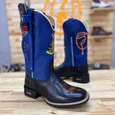 BotaFaca Padroeira\n                                    - Couro Cano Fóssil Azul Bic | Couro Gáspea Látego Preto | Bordado Nossa Senhora Tradicional e Terço