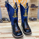 BotaFaca Padroeira\n                                    - Couro Cano Fóssil Azul Bic | Couro Gáspea Látego Preto | Bordado Nossa Senhora Tradicional e Terço