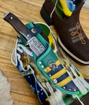 Kit Texana Estampa Mula E Bandeira Do Brasil Couro Escamado Marrom + Bainha + Faca