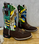 Kit Texana Estampa Mula E Bandeira Do Brasil Couro Escamado Marrom + Bainha + Faca