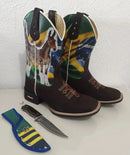 Kit Texana Estampa Mula E Bandeira Do Brasil Couro Escamado Marrom + Bainha + Faca